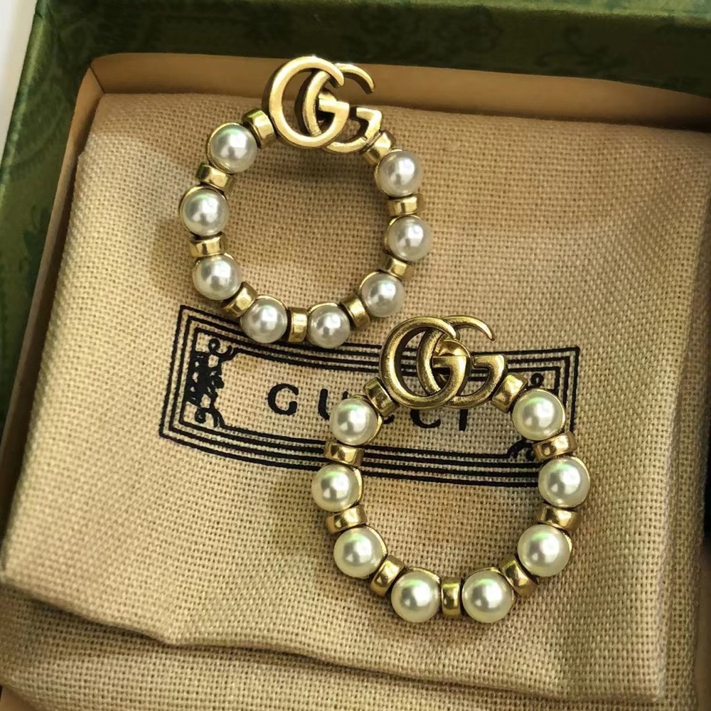 Gucci Gold and White Pearl Hoop Earrings